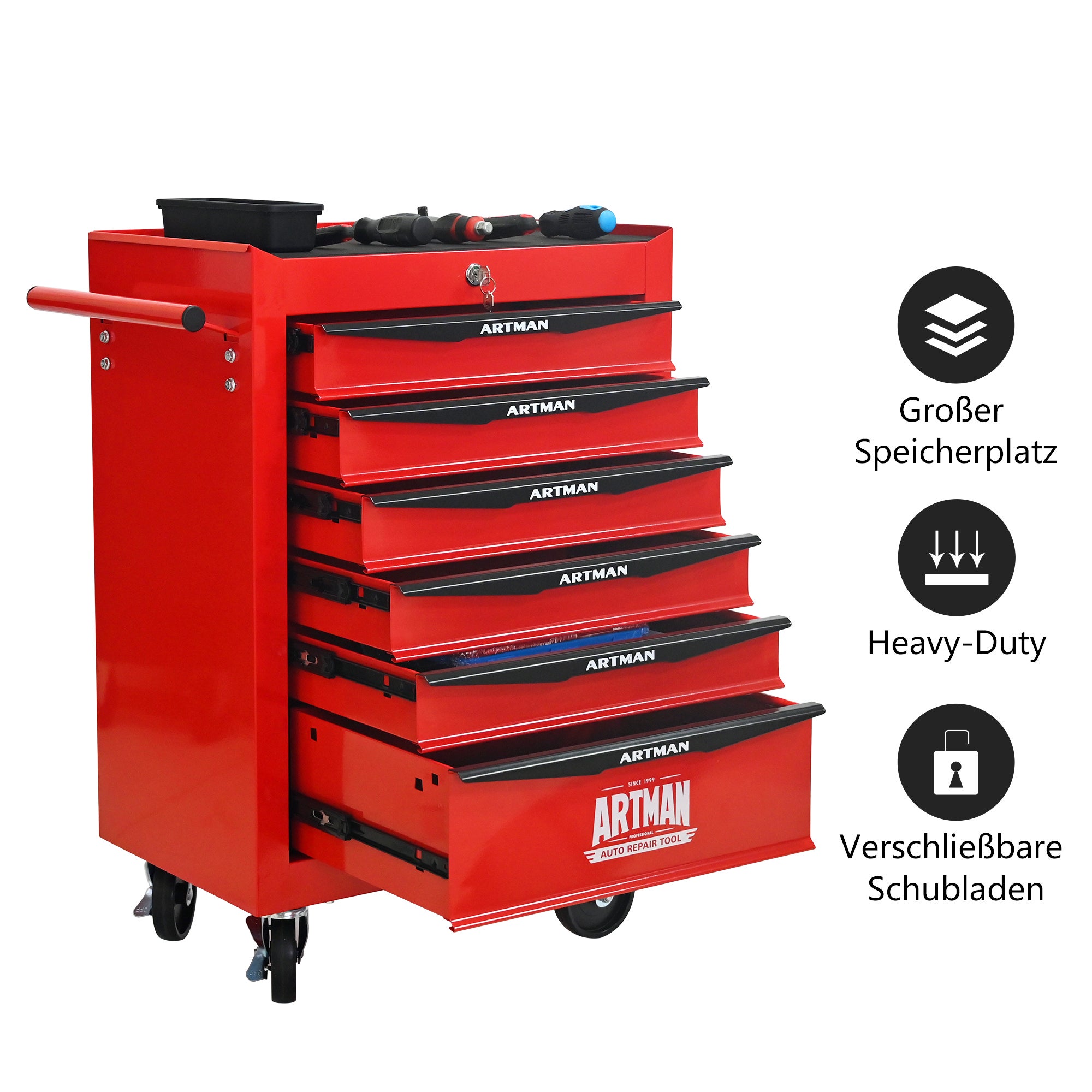Coffre à outils roulant en métal à 6 tiroirs, armoire à outils pliable en 6 parties avec glissières à billes, organisateur de rangement d'outils - 2