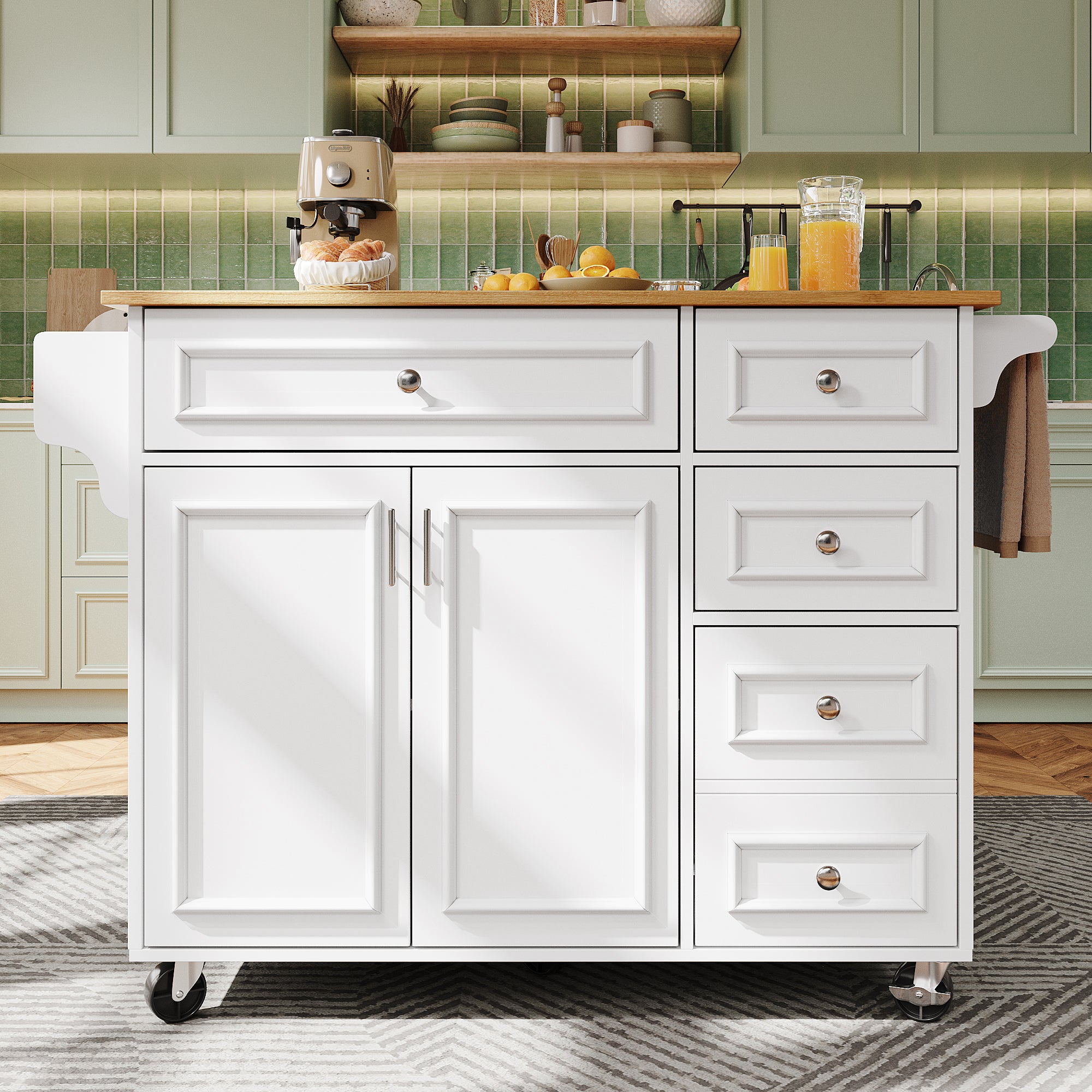 Ilot central de cuisine moderne 130x45x92cm - 5 tiroirs et 2 portes - plateau extensible - avec roulettes - Blanc - 2