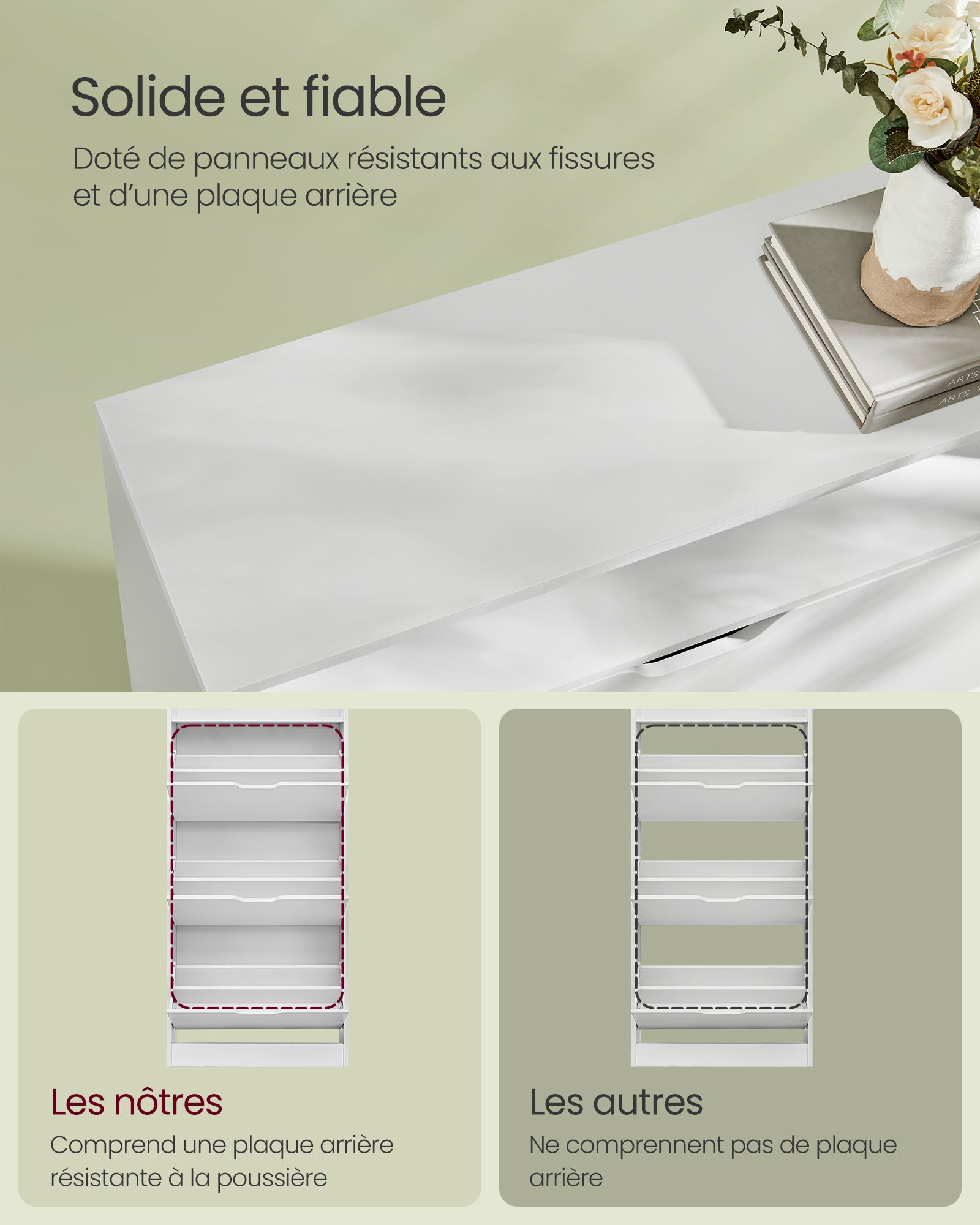 Meuble à Chaussures 3 Portes Battantes, Compartiment Ouvert, Séparateur Réglable, 24 x 60 x 139 cm, Blanc Nuage - 6