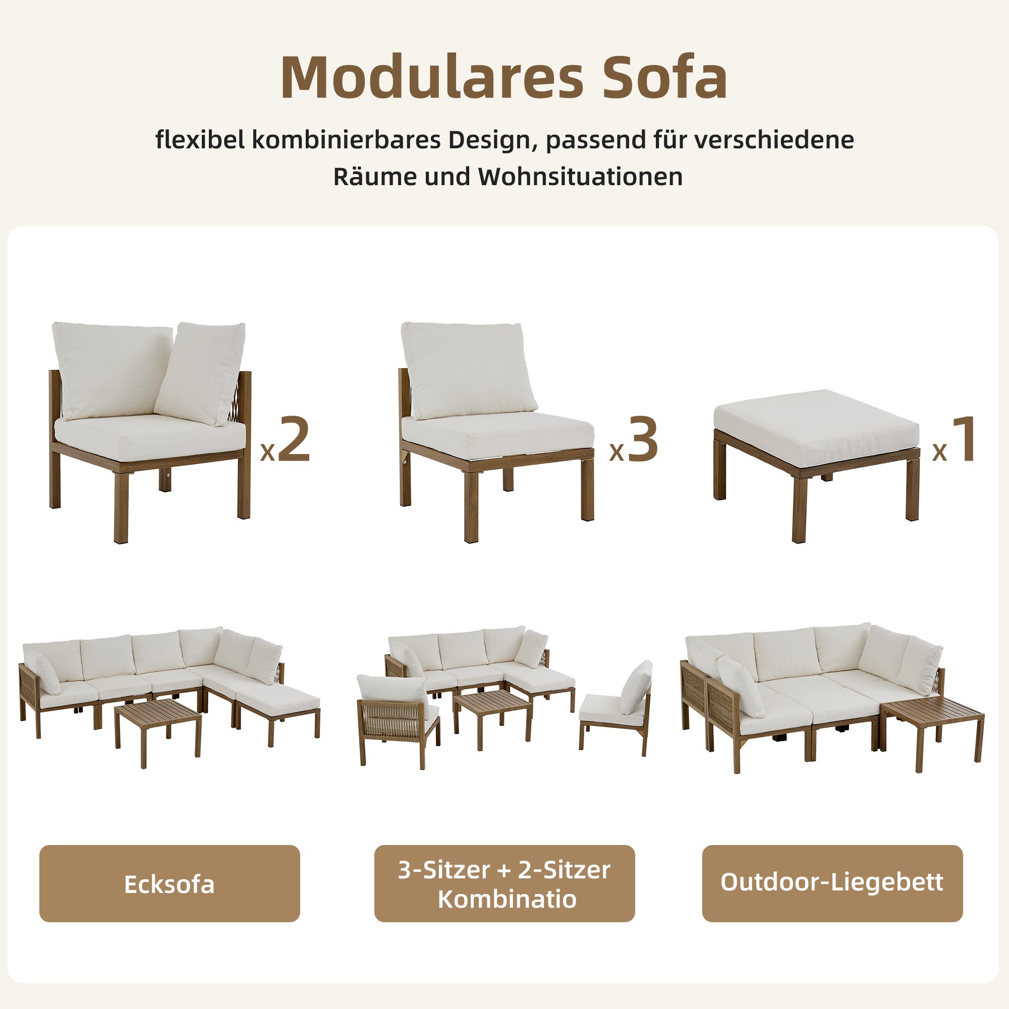 Salon de jardin modulable 6 places avec table basse carrée et pouf - 240 x 180 x 84 cm - Fer galvanisé et polyester - Beige - 6