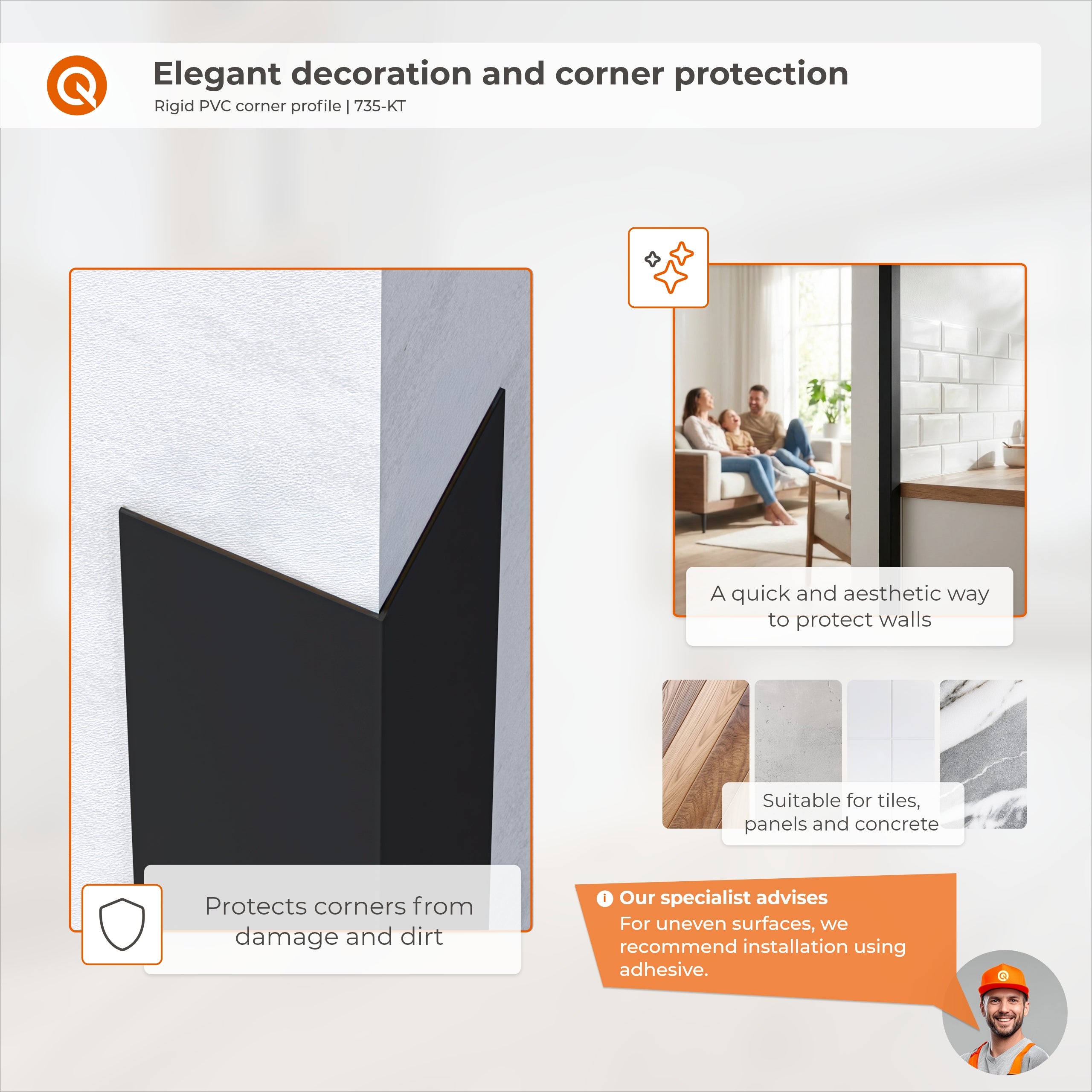 Cornière PVC Rigide PVC Rigide 15x15 mm - protection et finition angle, profil L - 200 cm, beige - 3