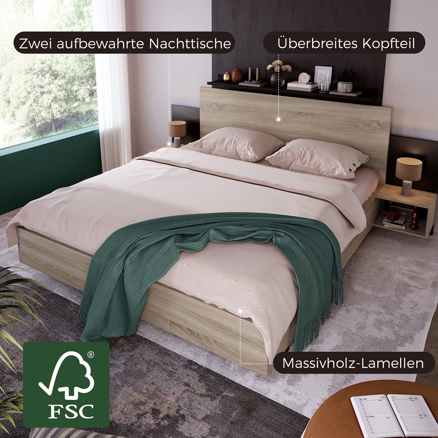 Lit adulte Lit 160x200 cm lit en bois avec 2 tables de nuit Ensemble de chambre gris foncé - 4