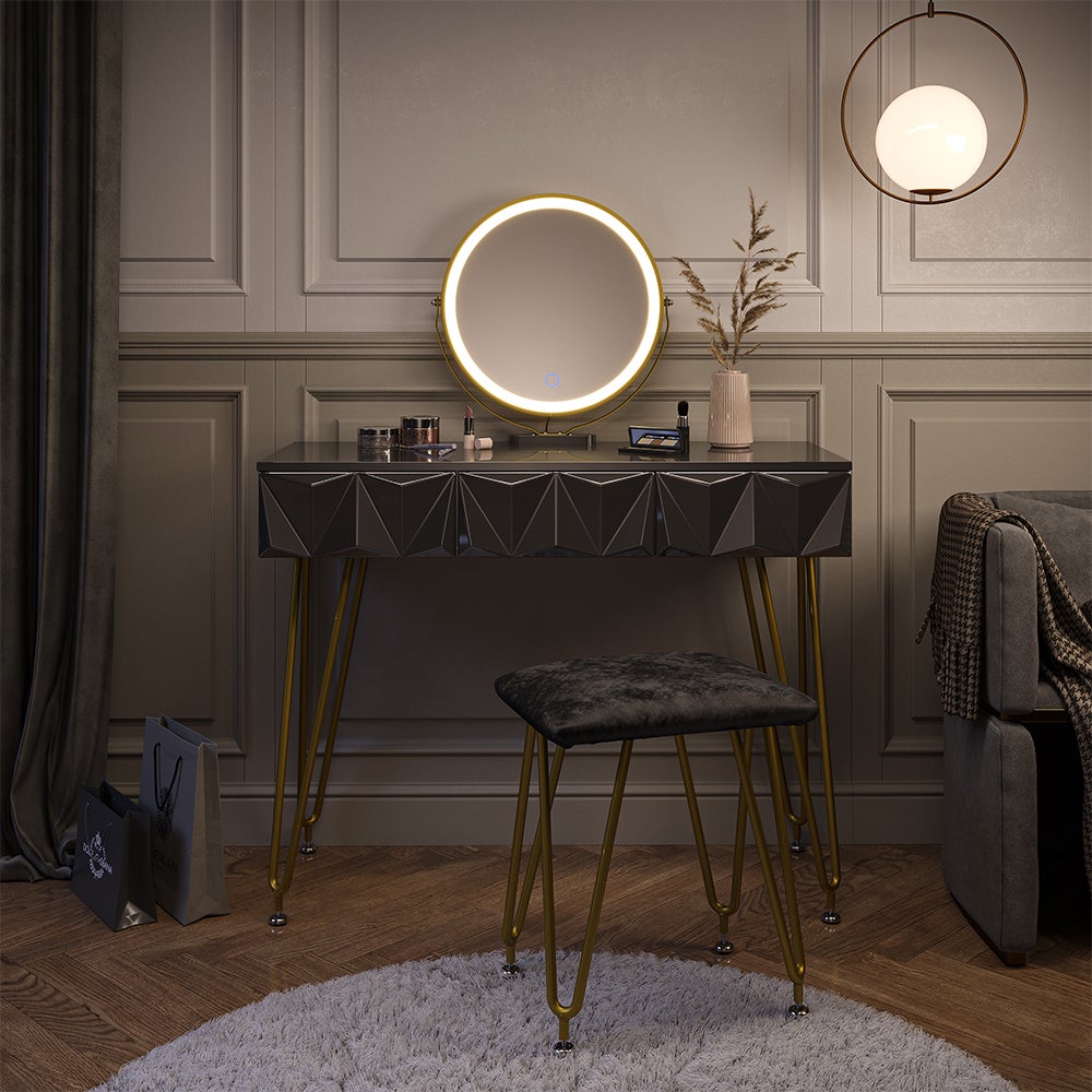 Vicco Stół do toalety Ruby, Czarny, 100 cm z lustrem LED i stołkiem