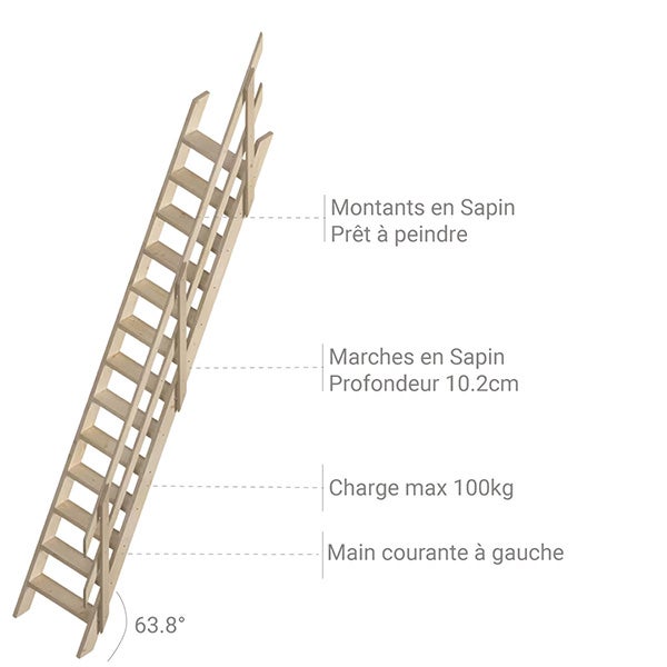 Escalier bois 13 marches - Hauteur à franchir 2.75m - Rampe à gauche - Largeur 0,53m - COTTAGE-P-275-MCG - 3