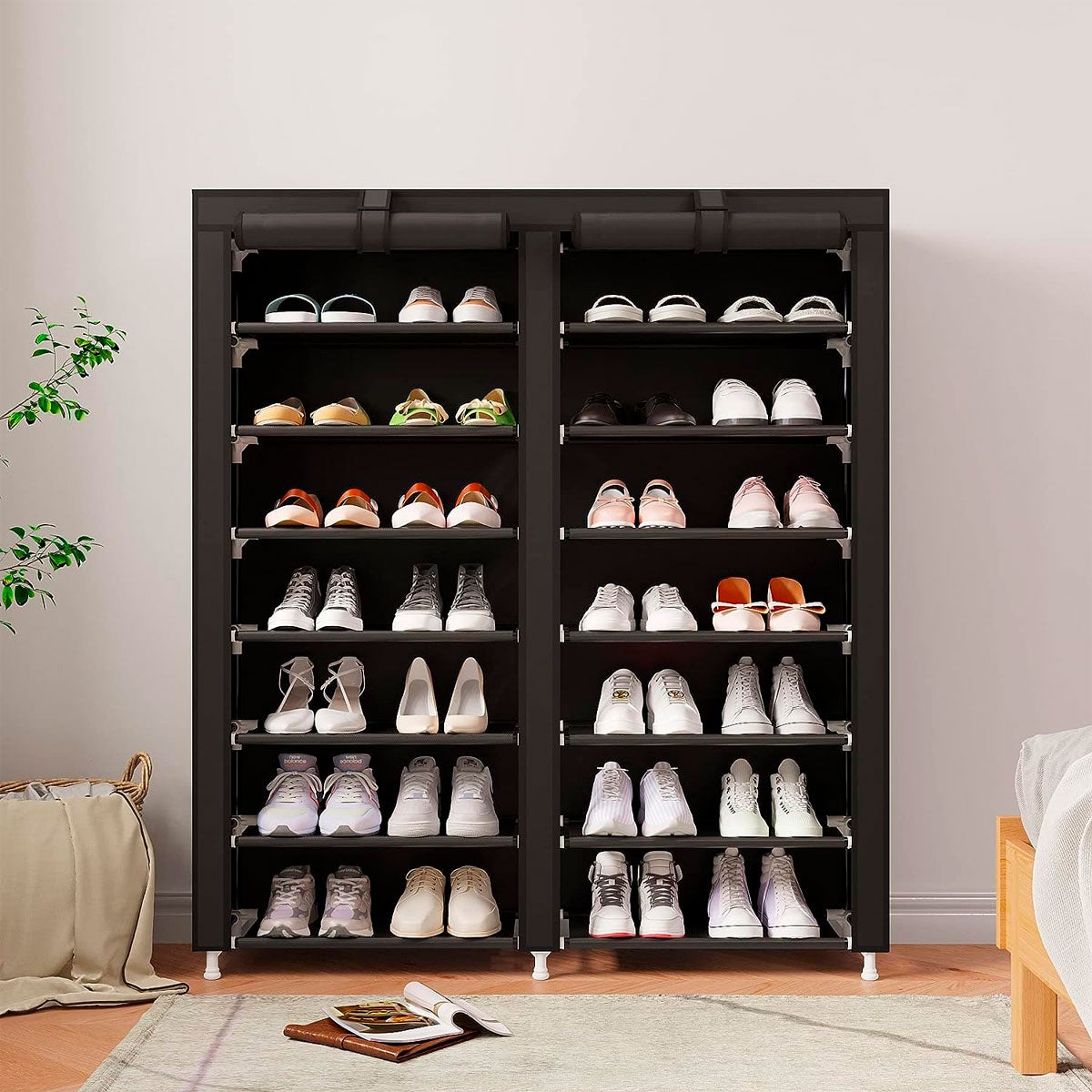 Tissu Meuble à Chaussures pour Chaussures à 2 Portes avec Fermeture Éclair 125x92x28,5cm, 28 paires. Noir - 4