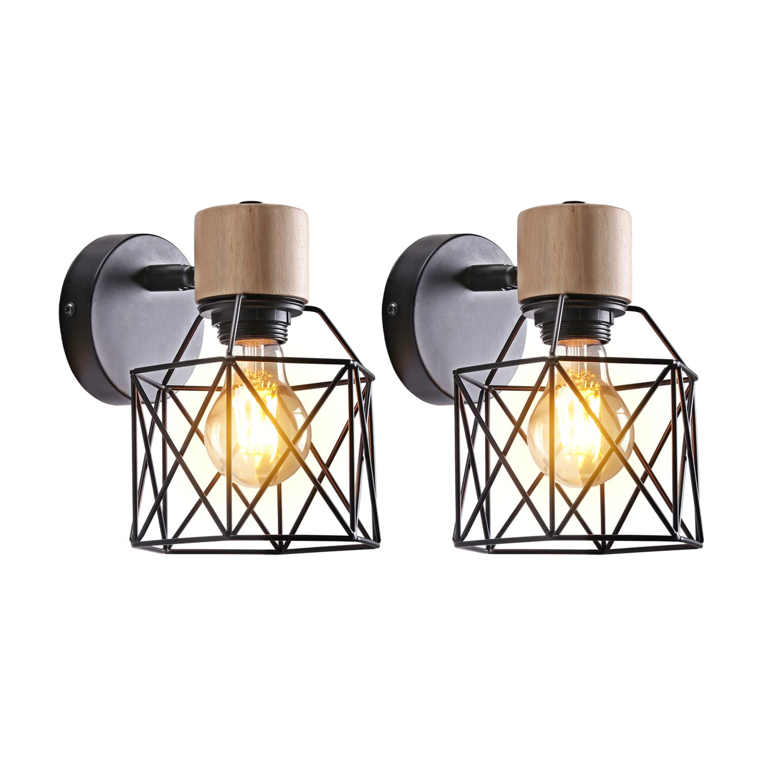 Zestaw 2 kinkietów wewnętrznych w stylu vintage, lampy ścienne E27 z drewnem, przemysłowe lampy sufitowe z metalu w kształcie klatki do kuchni