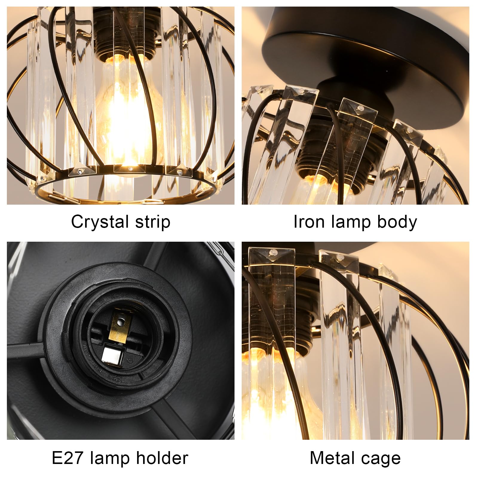 Plafonnier en Cristal Moderne E27 LED Plafonnier Mini Lustre en Cristal pour Cuisine Salle à Manger Chambre Couloir Entrée (noir) - 3