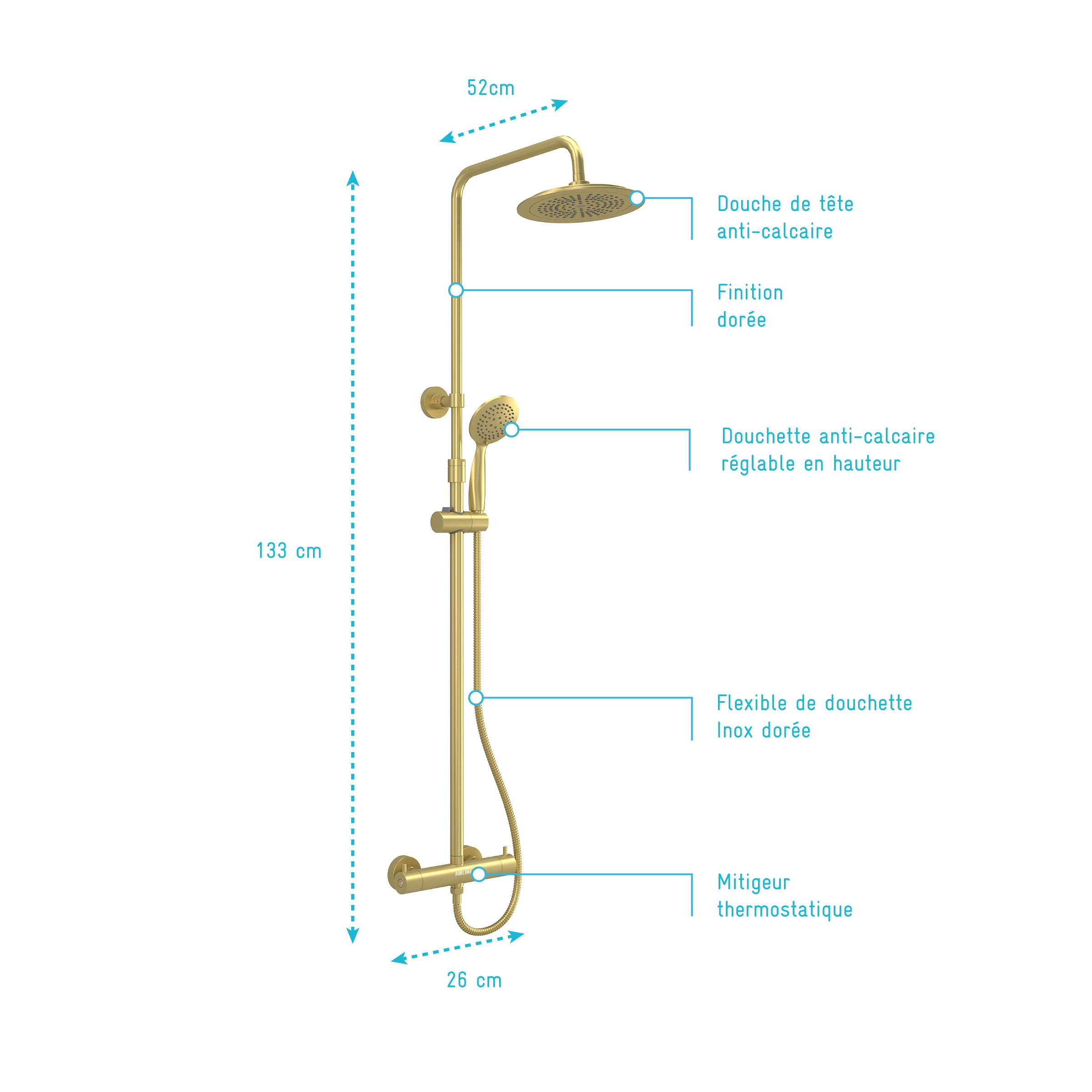 Colonne de douche Thermostatique finition Or Doré Brossé 133x26x52 cm - MOLLY GOLD - 4