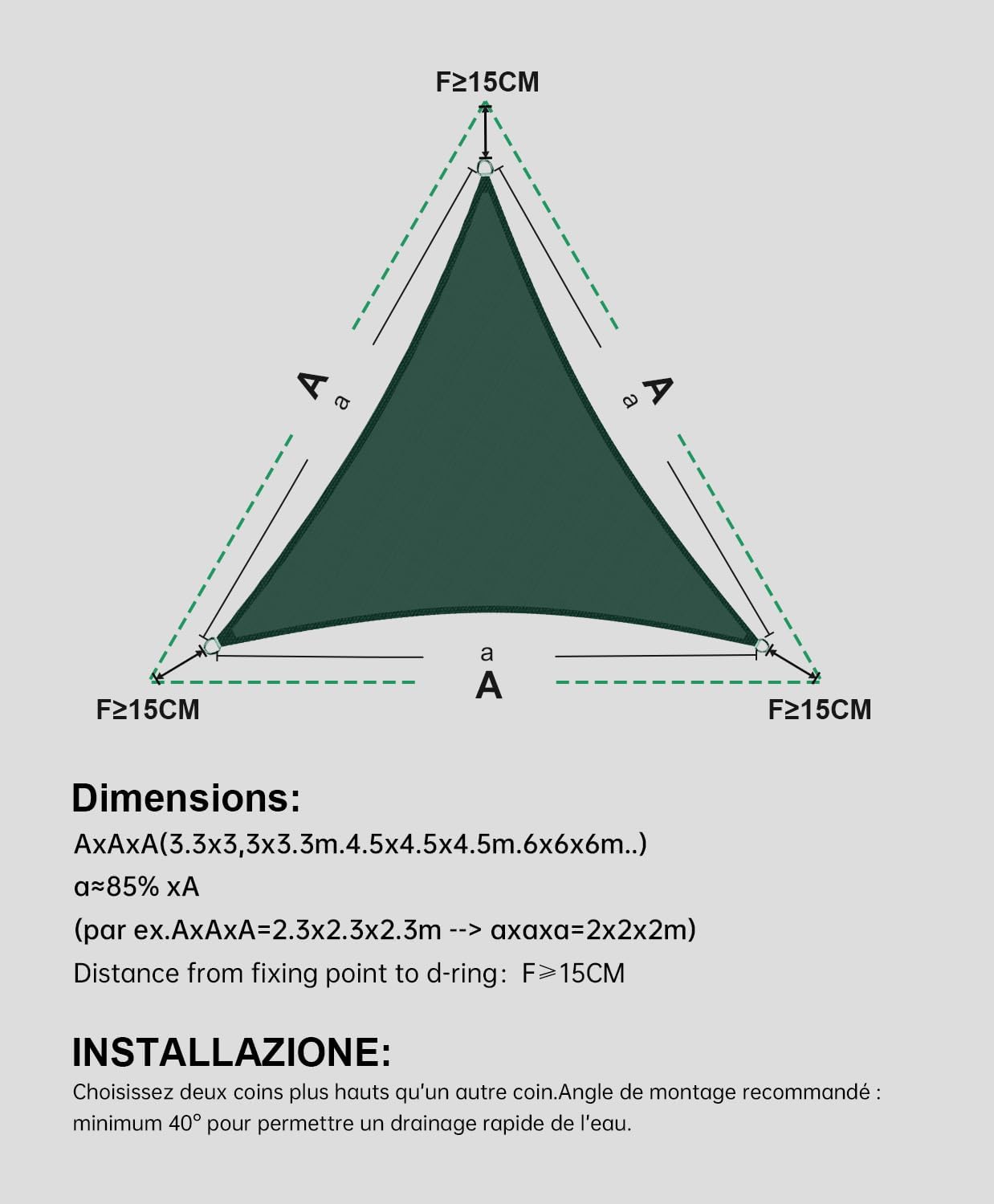 Voile d'ombrage Triangulaire 3x3x3m Imperméable à l'eau PES Toile d'ombrage Verde avec 95% de Protection UV pour Patio Extérieur Jardin - 2