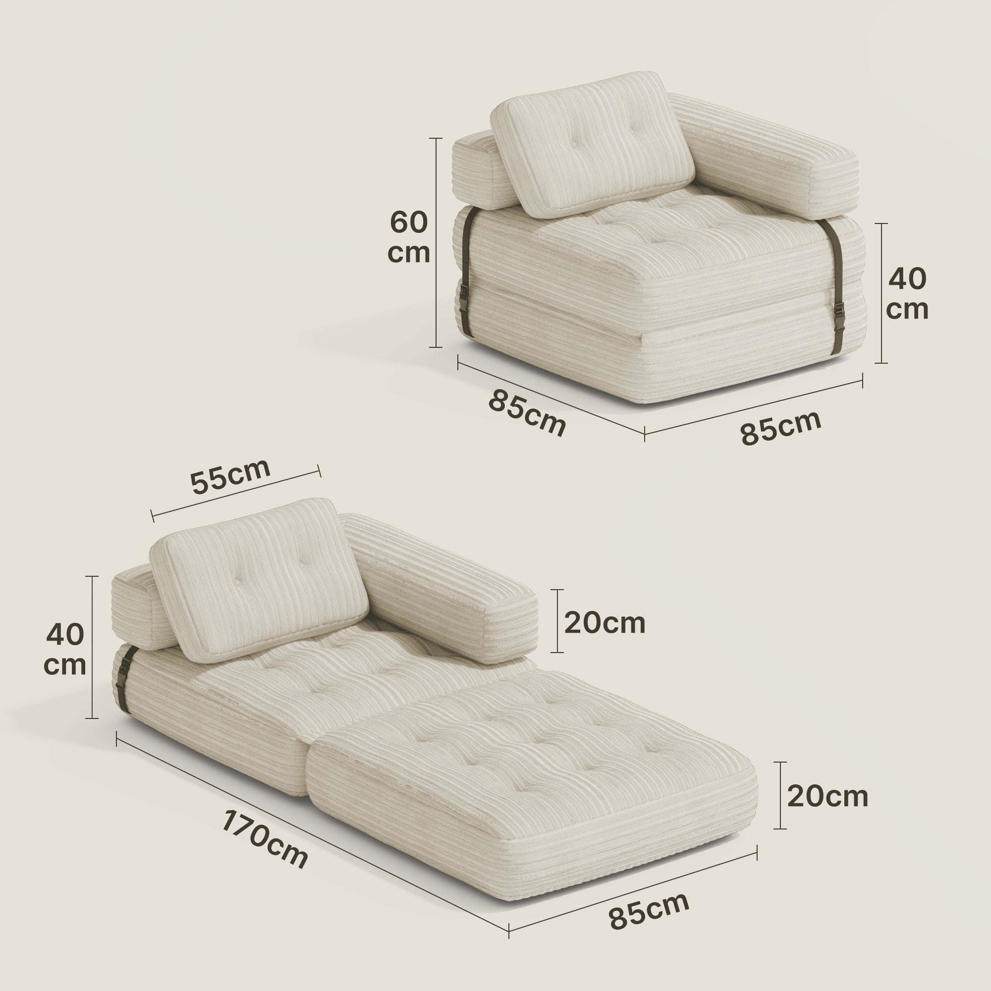 Bealife Sofá Conversível Poltrona-Cama Individual em L Branco Veludo Cotelado Travesseiro Longo 85 x 85 cm - 3