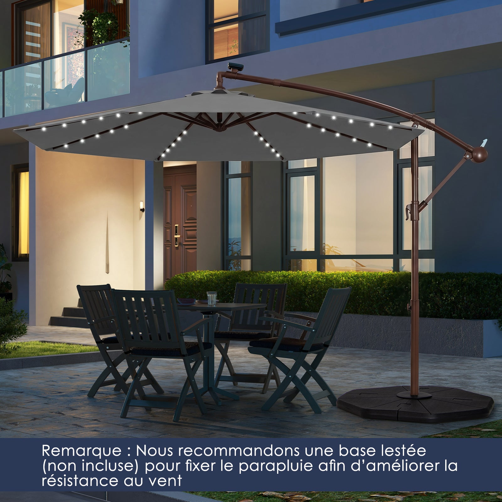 Sombrilla voladiza 3M con luz LED, sombrilla de jardín de 8 varillas con base en cruz, sombrilla grande inclinable con manivela para patio y terraza - 9