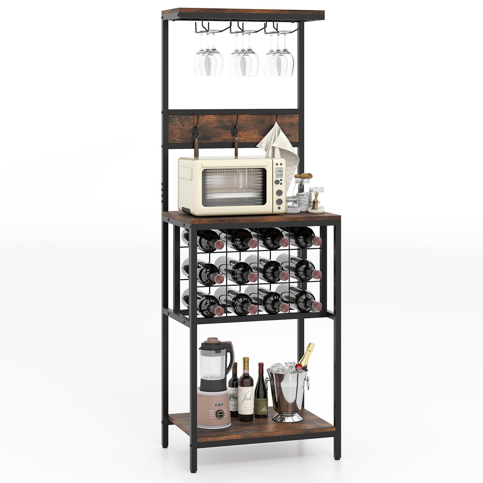 Estantería para vino con botellero para 12 botellas, gabinete de bar con soportes para copas y 3 ganchos, alto gabinete con almacenaje para ho
