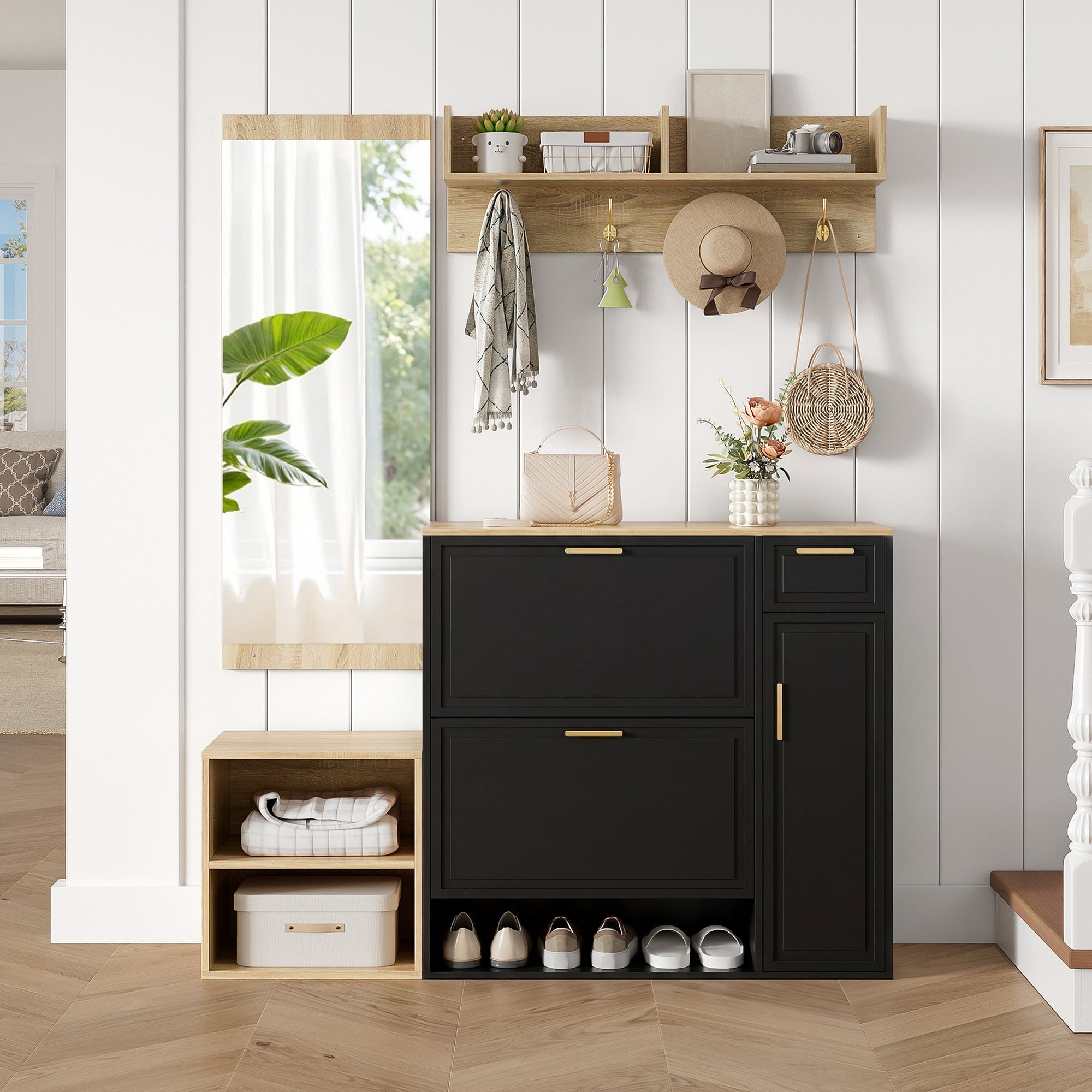 Szafka na buty z ławką, wieszakiem na ubrania i lustrem ściennym - 3 drzwi i 1 szuflada - 139,5 x 35 x 166 cm - Płyta wiórowa - Czarna