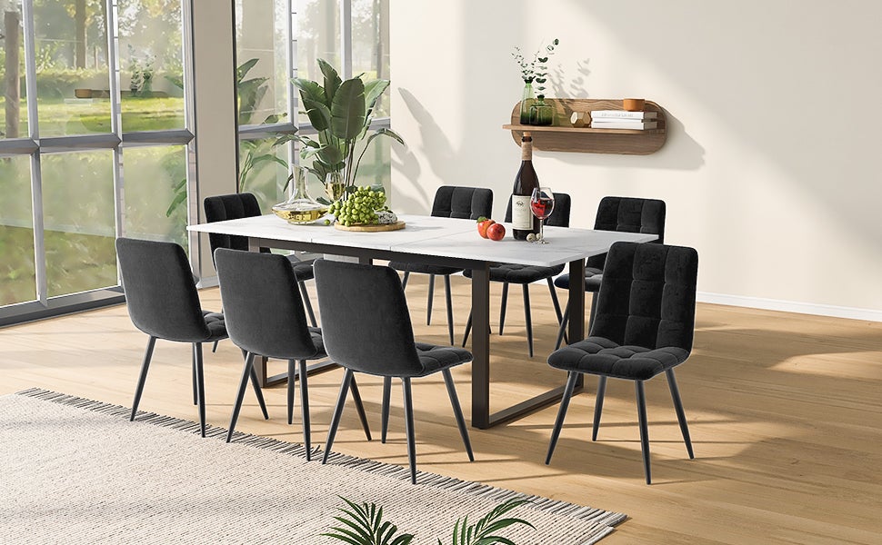 Ensemble table à manger + 8 chaises en velours - 140/180 x 80 x 75 cm - MDF et pièds en métal - Plateau en effet marbre - Blanc + gris - 3