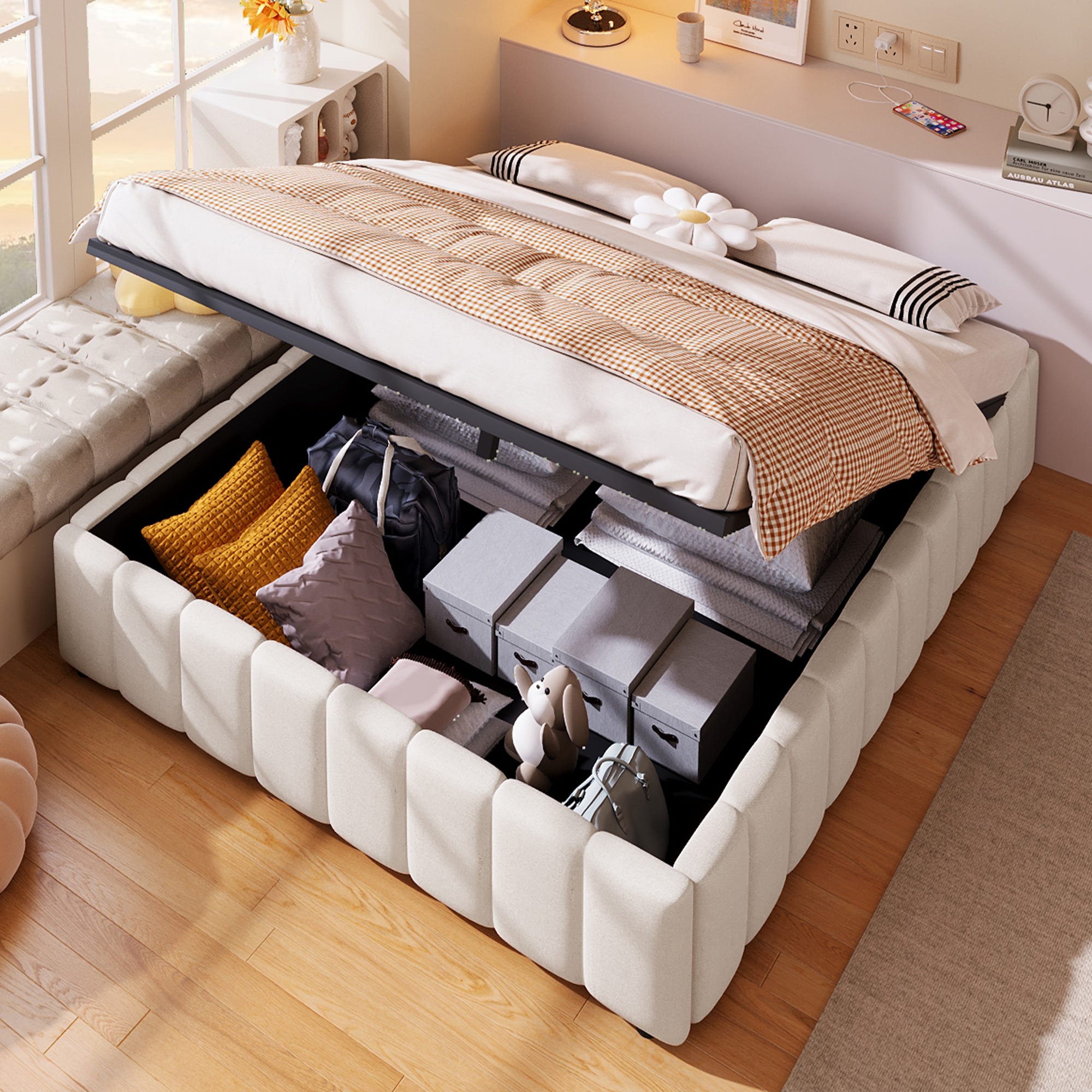 Lit capitonné 140x200cm - Rangement hydraulique, sans tête de lit, sans ...