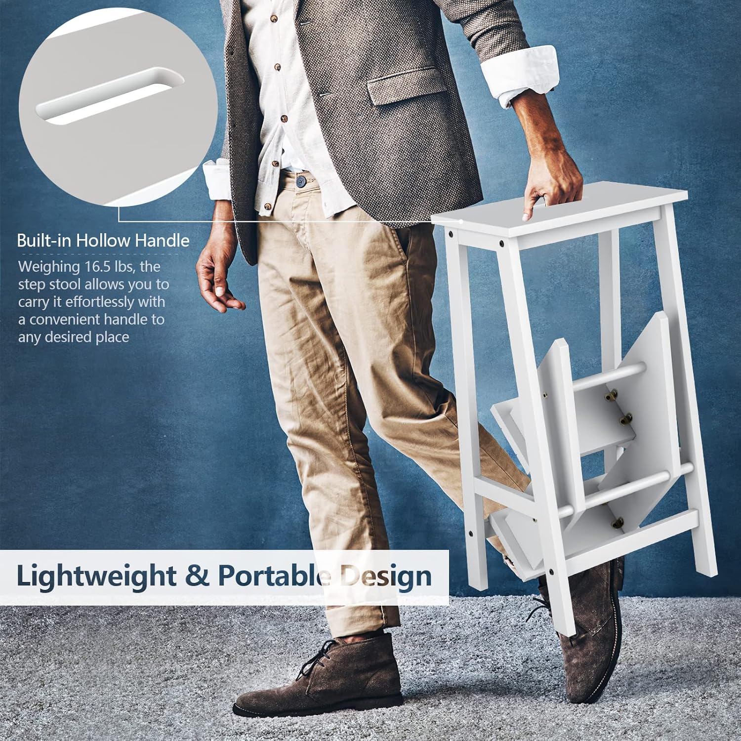 Tabouret Escabeau Pliable 3 Marches, Escabeau Marchepied en Bois Massif, Tabouret d'Échelle Multifonctionnel, avec Marches Réversibles (Blanc) - 5