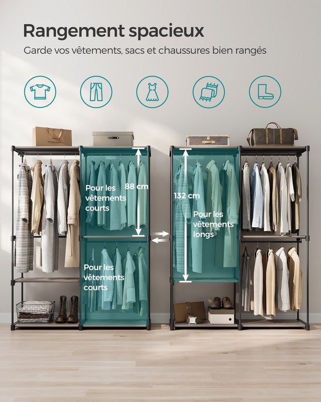 Armoire de Rangement, Penderie Pliable, Armoire Métallique, avec Barres de Suspension, 138 x 43 x 182 cm, Taupe - 3