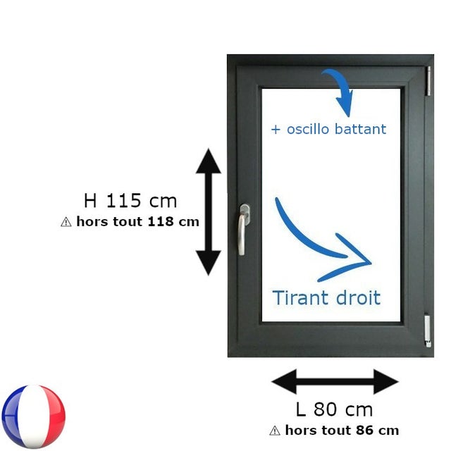 Fenêtre PVC 1 vantail H 115 x L 80 cm OB anthracite pour pose en neuf - tirant droit