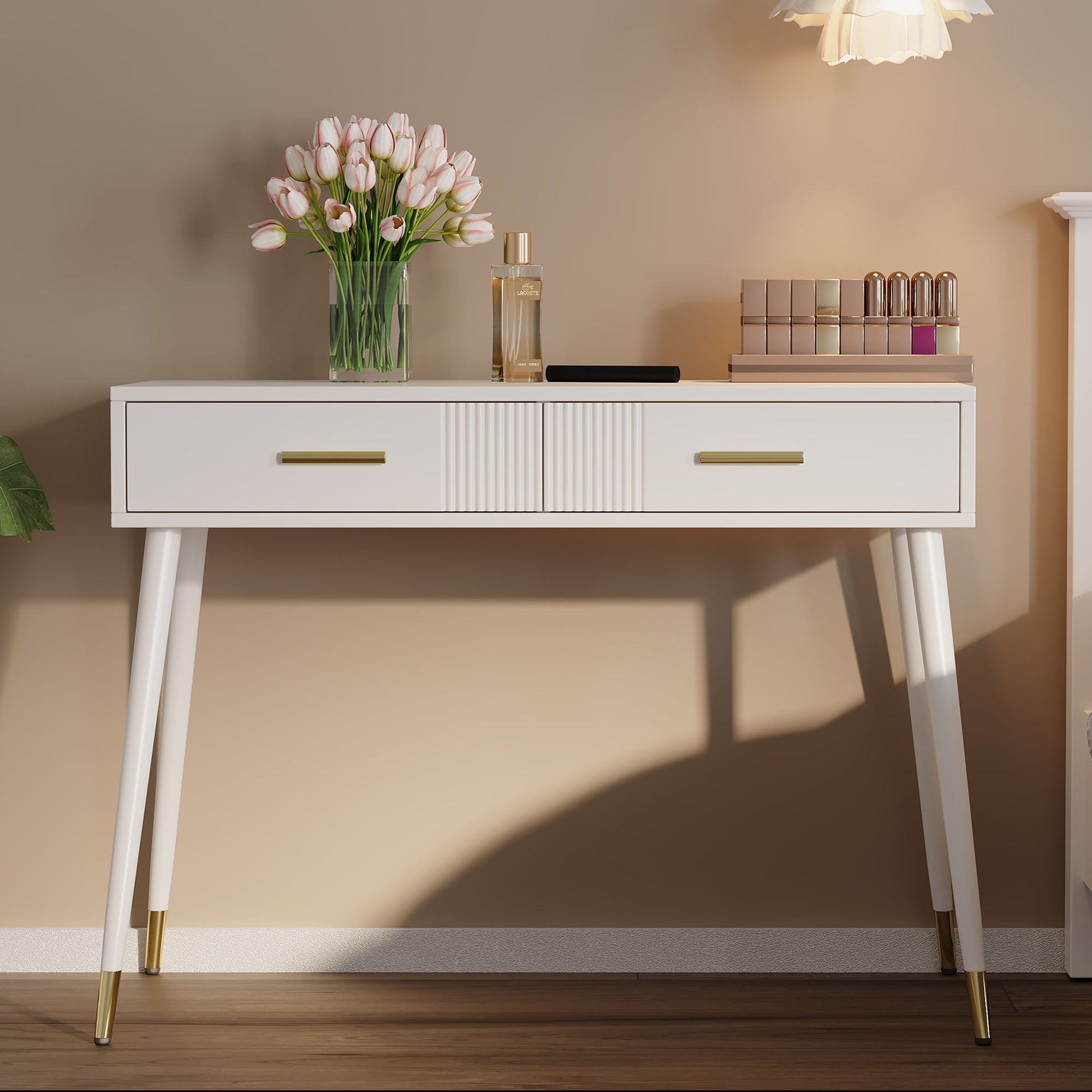 Table de Maquillage Blanc H. 76 x l. 40 x P. 100 cm, Coiffeuse Blanche avec 2 Tiroirs et Pieds Métal Dorés, Coiffeuse Moderne, pour chambre ou salon - 2