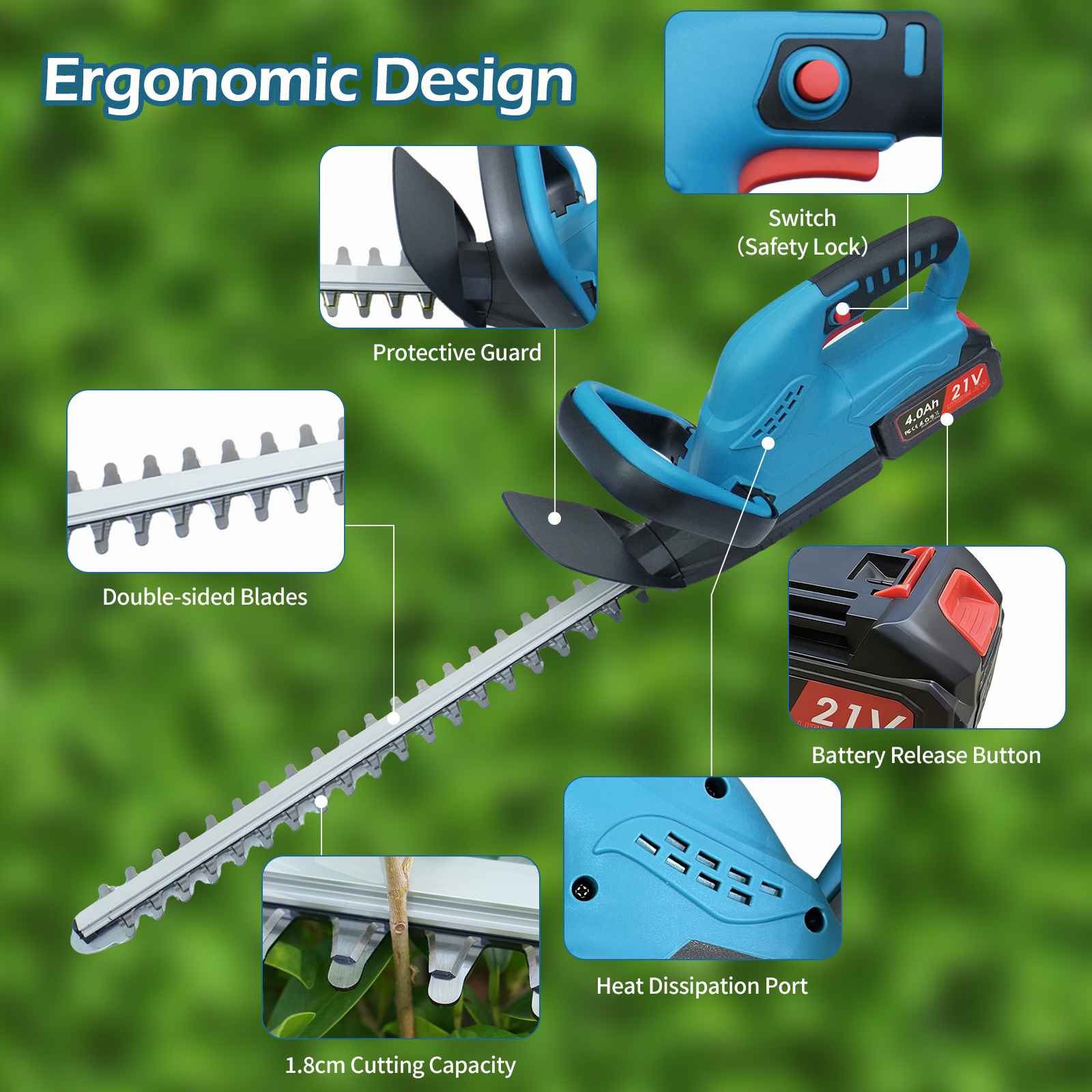 Taille-haie sans fil 21V 4.0Ah brushless 520mm double lame 2000RPM léger jardin puissant - 4