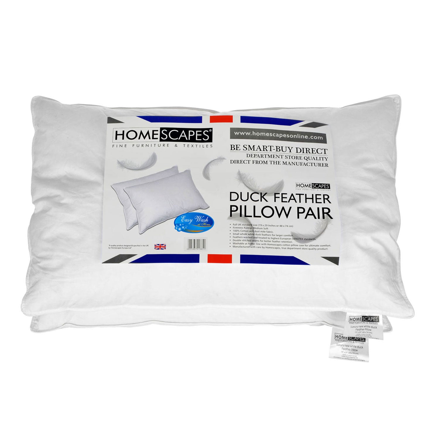 Homescapes Almohada de plumas de pato 50 x 75 cm, Lote de 2 - 2