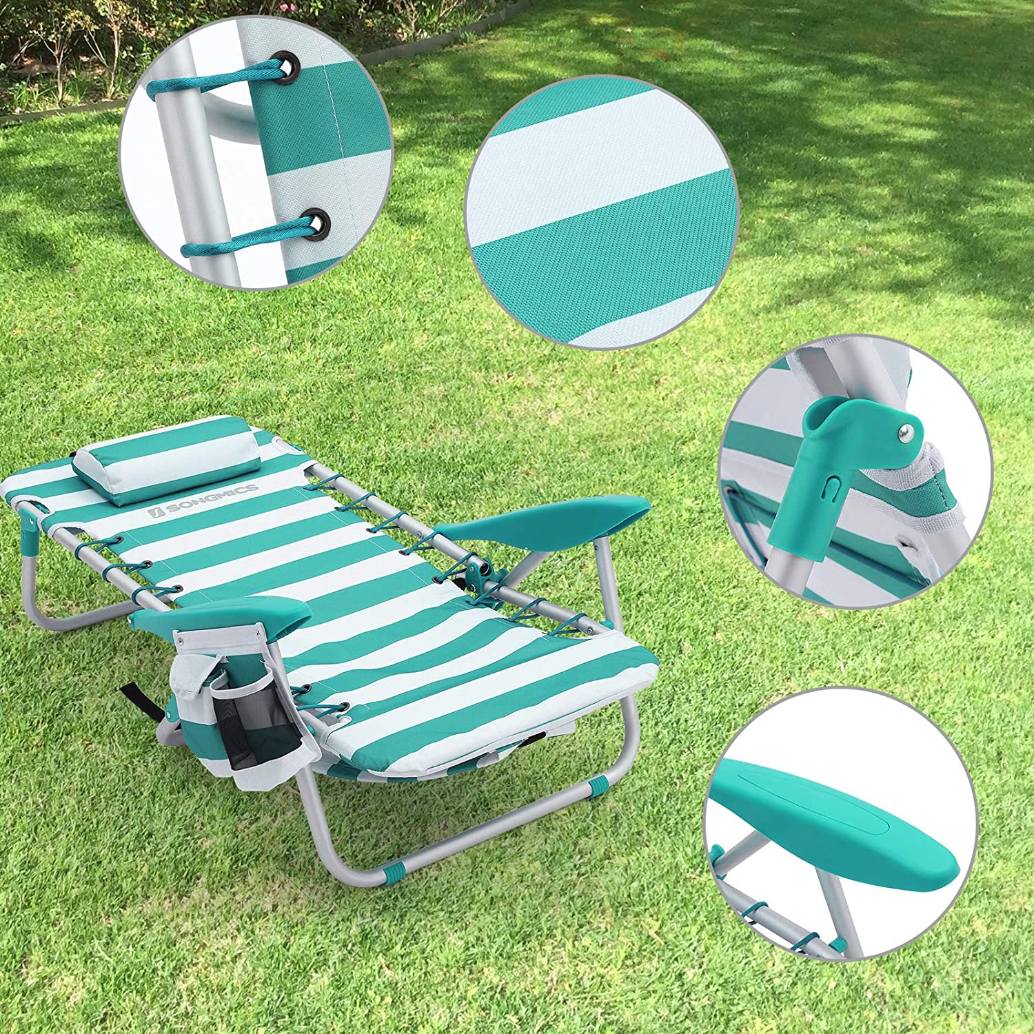 Chaise de Plage Portable,Pliable, Dossier Inclinable jusqu'à 180°, Rayures Vertes et Blanches - 3