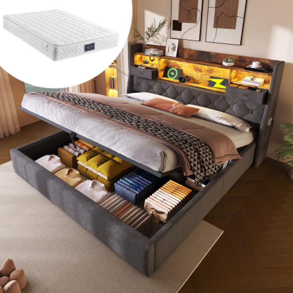 Szare łóżko materiałowe 140x200 cm z hydraulicznym schowkiem, zagłówkiem LED i 4 portami USB/Typ-C (materac w zestawie)