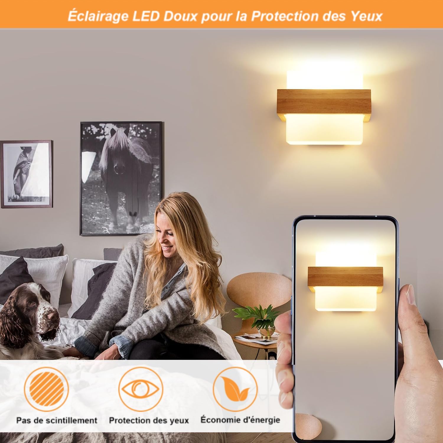 GOECO Applique Murale Interieur, 12W Moderne Lampe Murale en Bois avec Abat-jour en Verre E27, 3 Température de Couleur 3000K/4500K/6500K - 5