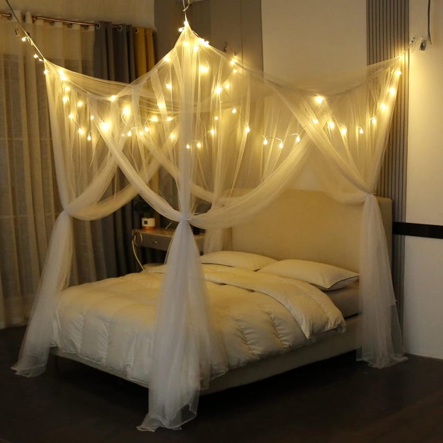 Couvre-lit lumineux pour lit Queen, King, à baldaquin, couvre-lit, rideau de lit, accessoire décoratif élégant pour chambre (blanc + lumière)