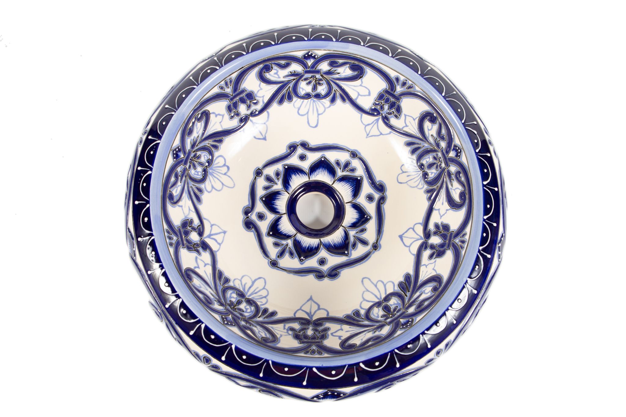 Meksykańska ceramiczna umywalka nablatowa z reliefem Sabina – okrągła umywalka łazienkowa 40 x 13,5 cm | Umywalka z motywami Talavera