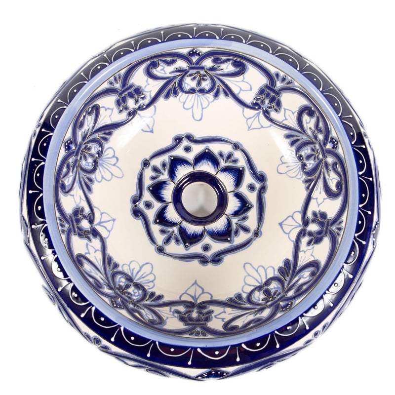 Meksykańska ceramiczna umywalka nablatowa z reliefem Sabina – okrągła umywalka łazienkowa 40 x 13,5 cm | Umywalka z motywami Talavera