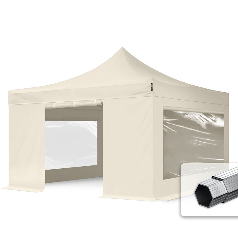 4x4m Namiot Ekspresowy PROFESSIONAL Alu 40mm, ze ścianami bocznymi, okna panoramiczne, kremowy