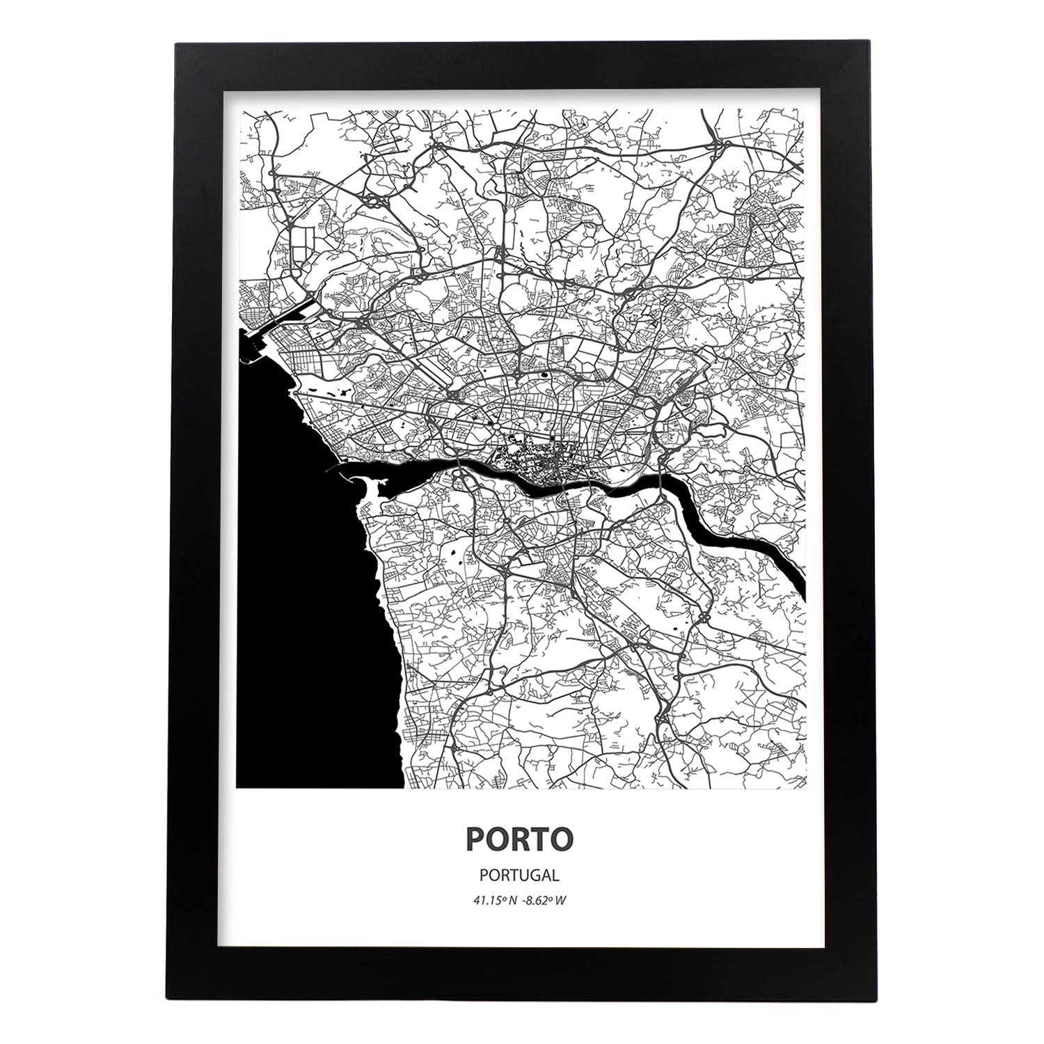 Poster con mapa de porto portugal. láminas de ciudades de espana con mares y rios en color negro. sin marco - a3