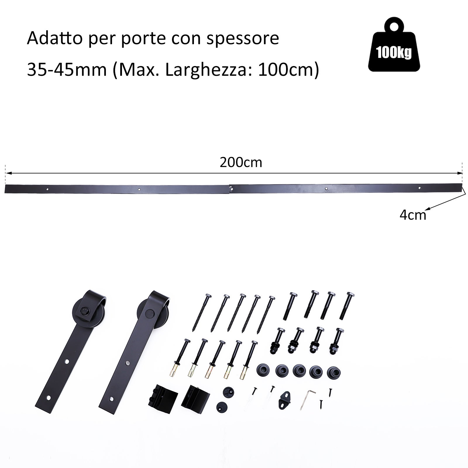 Kit d'accessoires pour rail de porte coulissante de 200 cm avec rail et roulettes, capacité de charge 100 kg, acier au carbone, 200 × 4 × 0,6 cm - 4