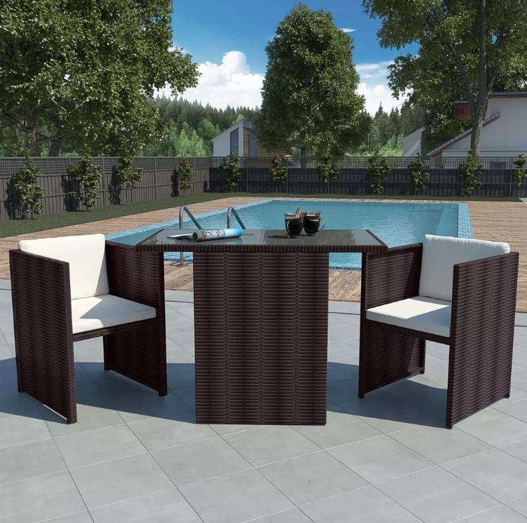 Mesa y sillas bistró jardín 3 pzas y cojines poli ratán marrón Leroy