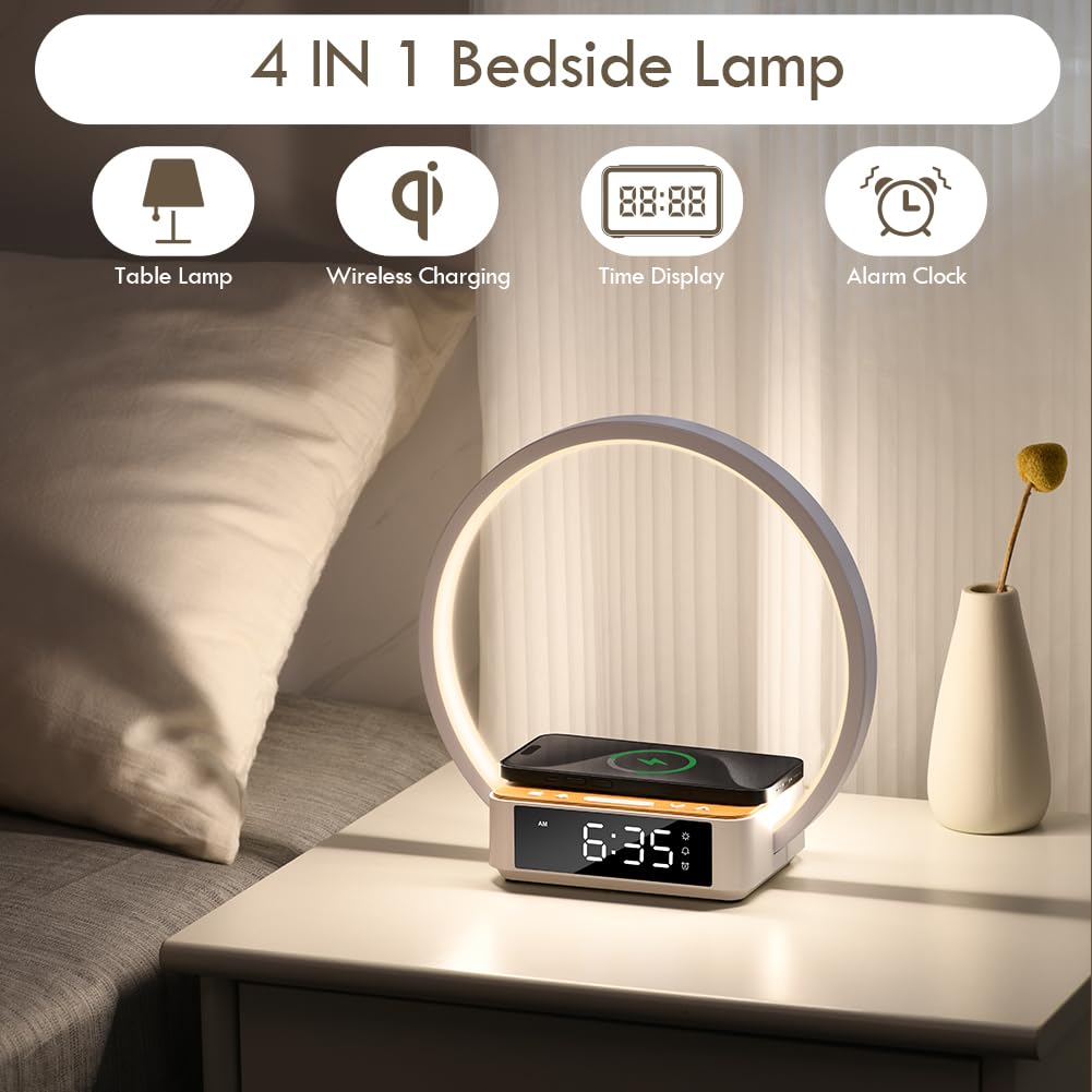 Lampada Da Comodino Con Caricatore Wireless 10W – Svegliata Luce Dimmerabile, 3 Livelli, Snooze, Orologio, Ricarica Qi Per Smartphone