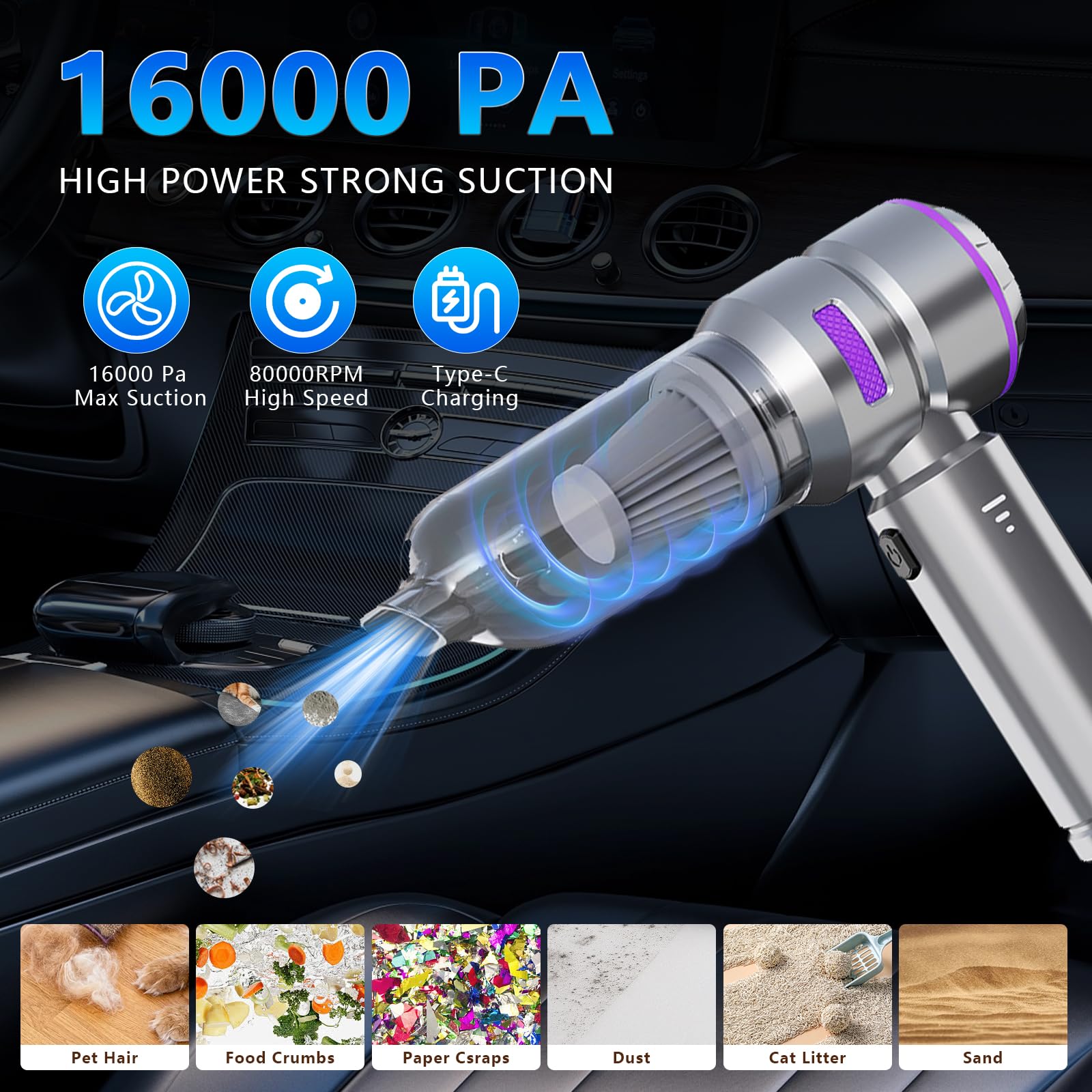 Aspirateur à Main Sans Fil Rechargeable USB 16000Pa - Neuf, Pour Voiture, Maison, Poils D'animaux