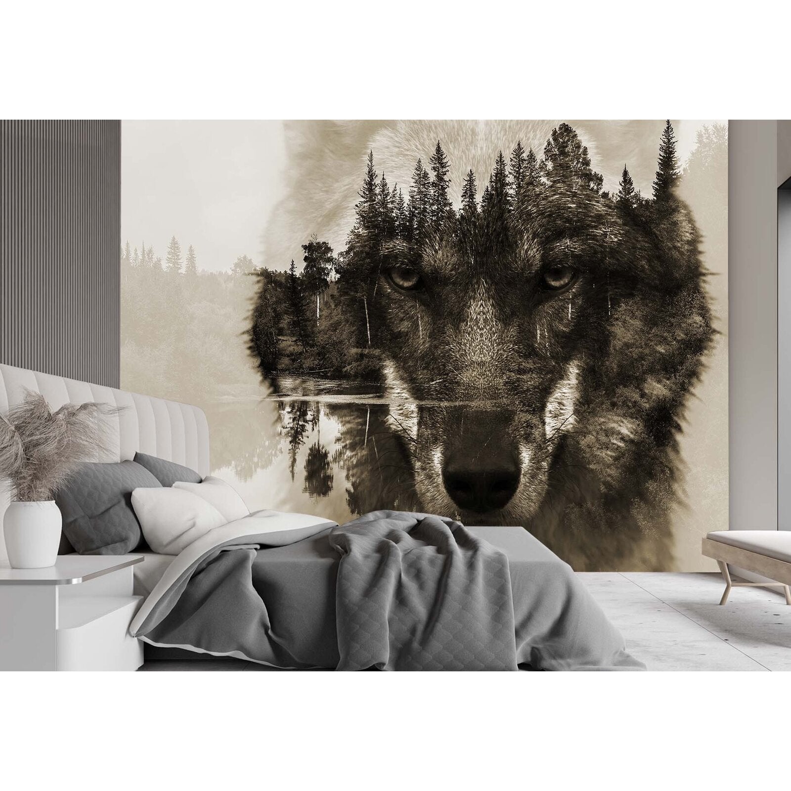 Papier peint loup sur fond de lac - 350 x 245 cm - 2