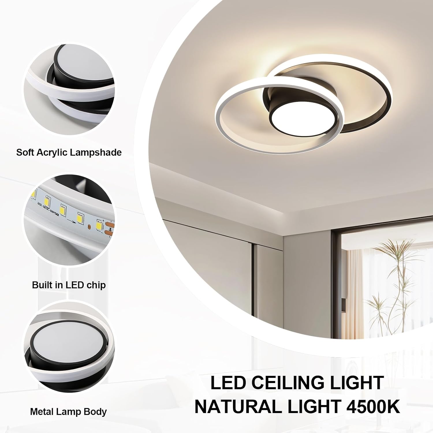 Lampada da soffitto LED Double Cercle Alu Blanc/Noir - 42W Lumière Neutre 4500K - Éclairage Moderne et Puissant - 5