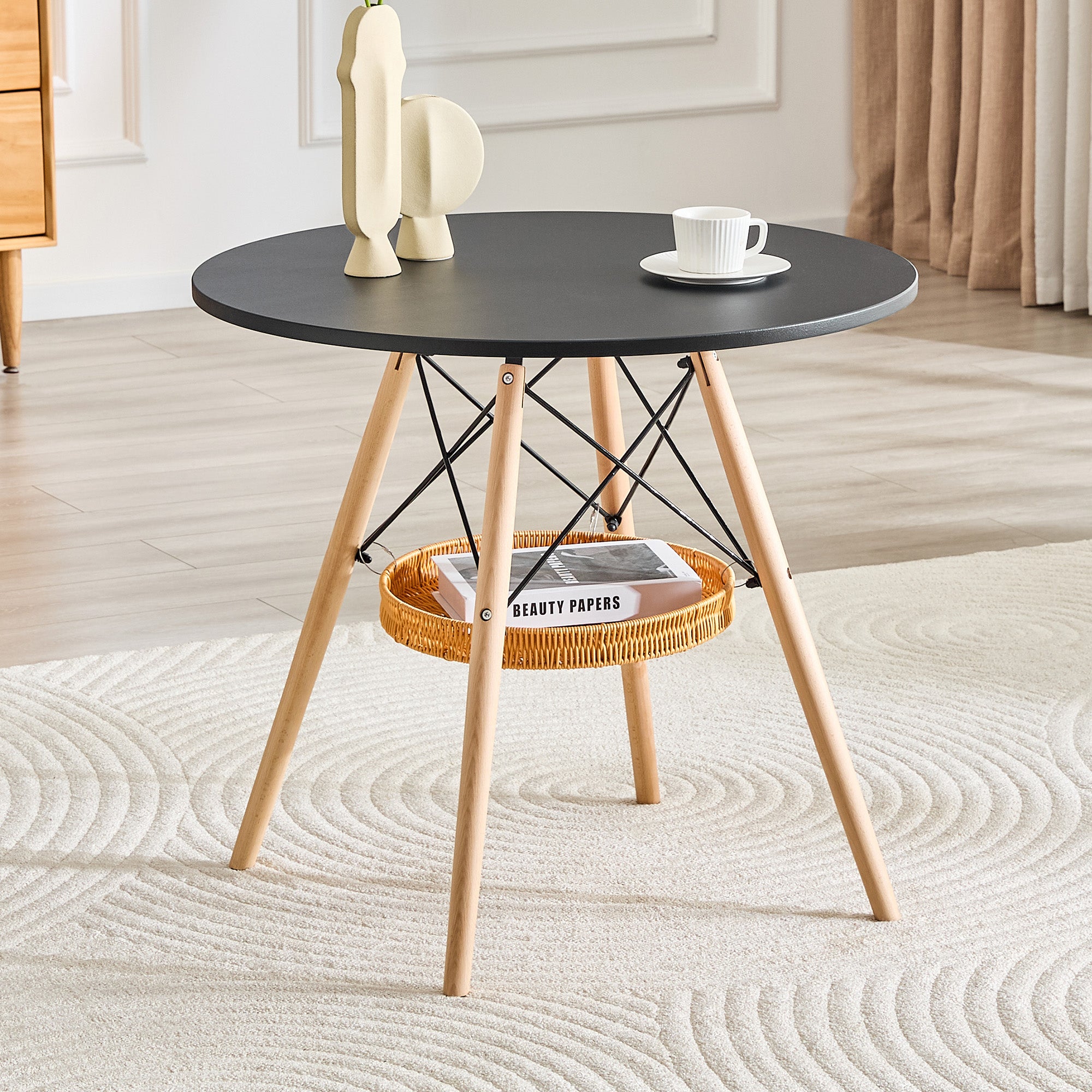 Table de salle à manger ronde Ø 80 cm, plateau en MDF noir, pieds en ...