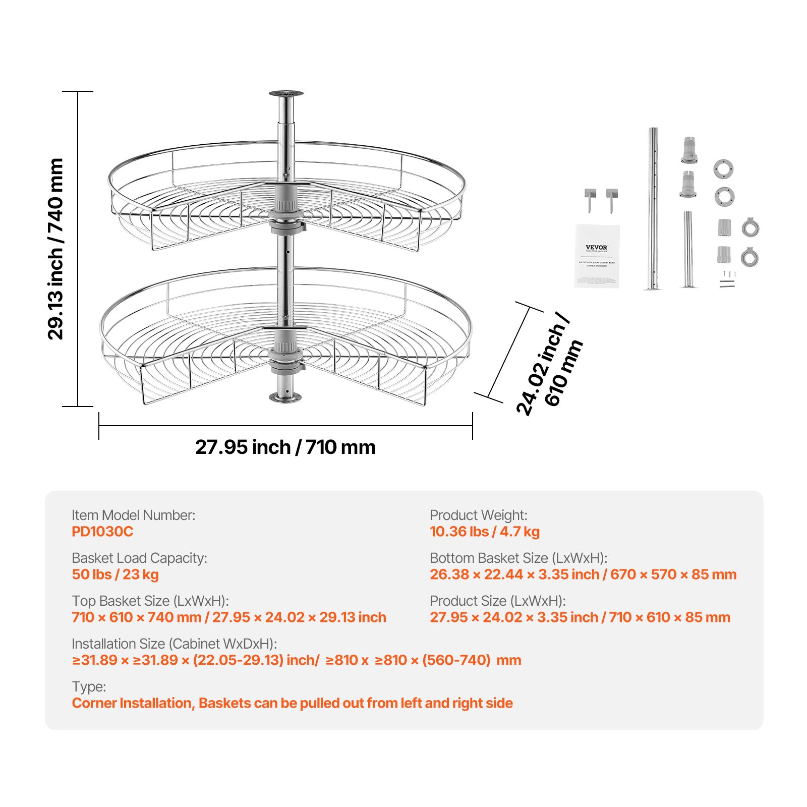 Plateau Tournant Meuble Angle 71 cm,VEVOR Tourniquet Cuisine Rotatif 360°,Étagère Pivotante Réglable en Hauteur,Acier Carbone,Rangement - 7