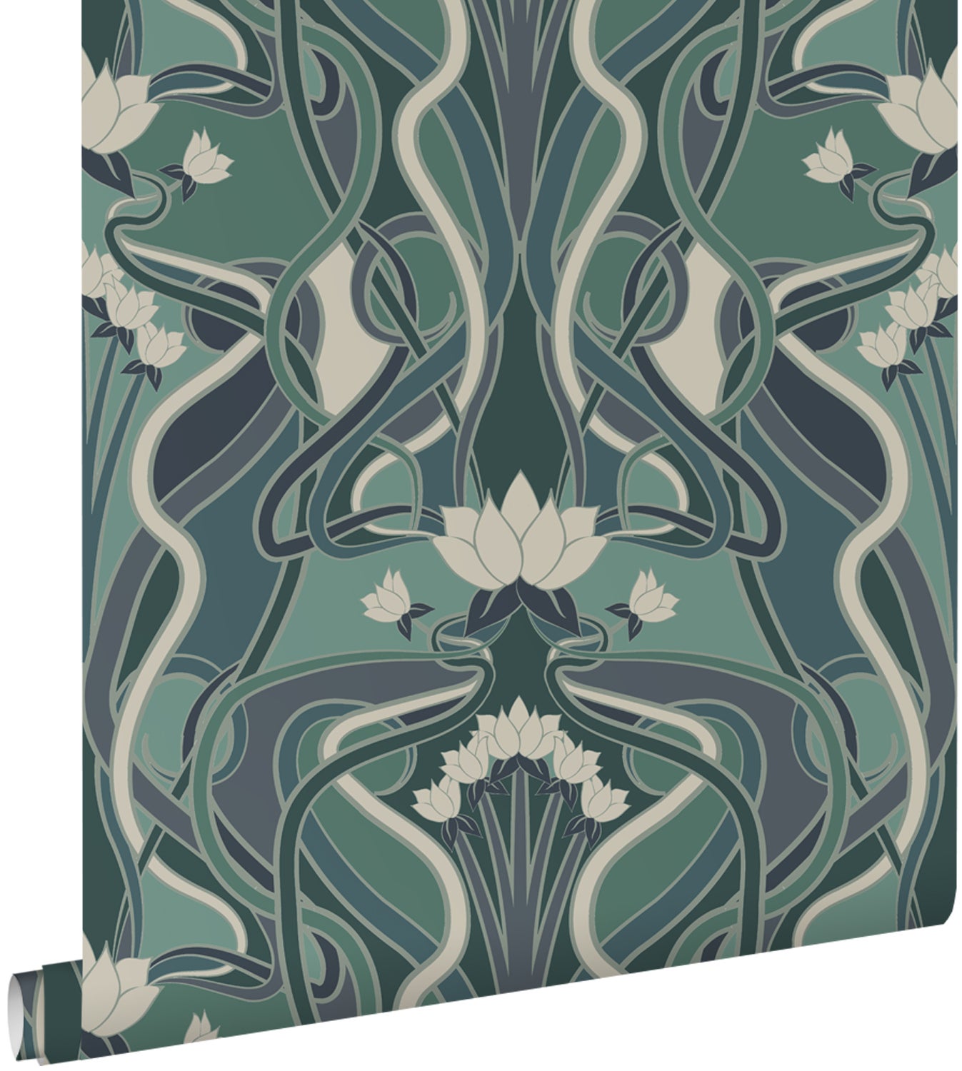 Papel pintado flores vintage en estilo art nouveau verde grisáceo y azul - 50 x 900 cm - estahome