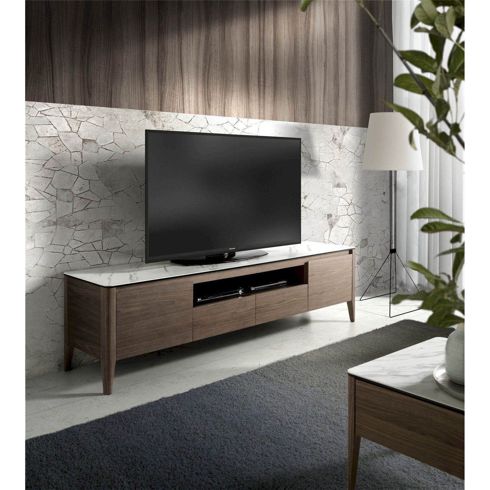 Meuble TV bois revêtement marbre céramique fermeture souple 200 x 45 x 51 cm Noyer, blanc, gris - 2