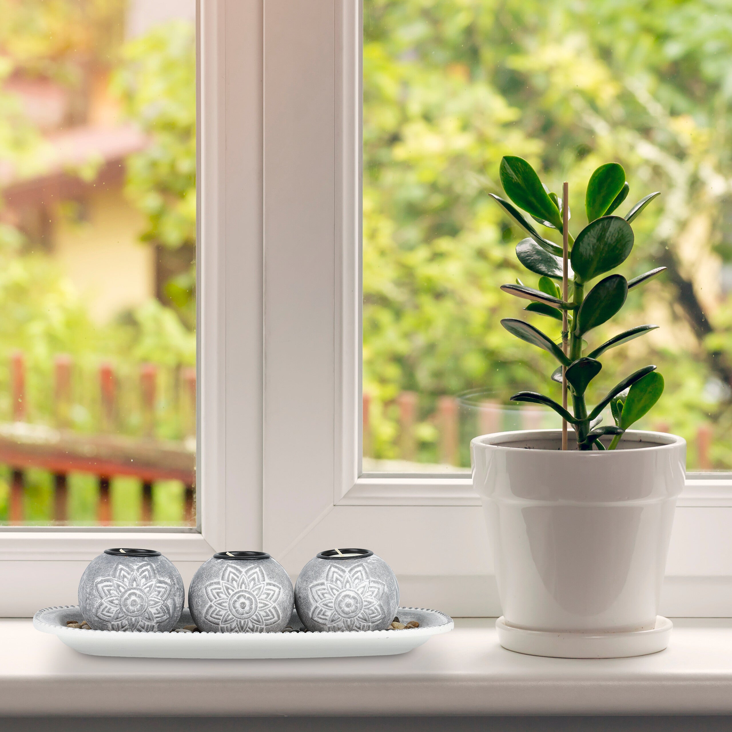Porte-bougies Plateau Set 3 Bougeoirs Avec Plateau Relaxdays - Pierres Déco Gris/Blanc - Ambiance Cosy Porte Bougie Decorative
