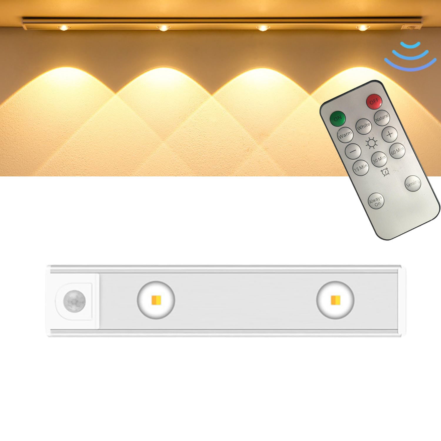Trójkolorowa ściemnialna lampa LED z czujnikiem ruchu i pilotem, ładowana przez USB, oświetlenie do szafy, biała, 20 cm