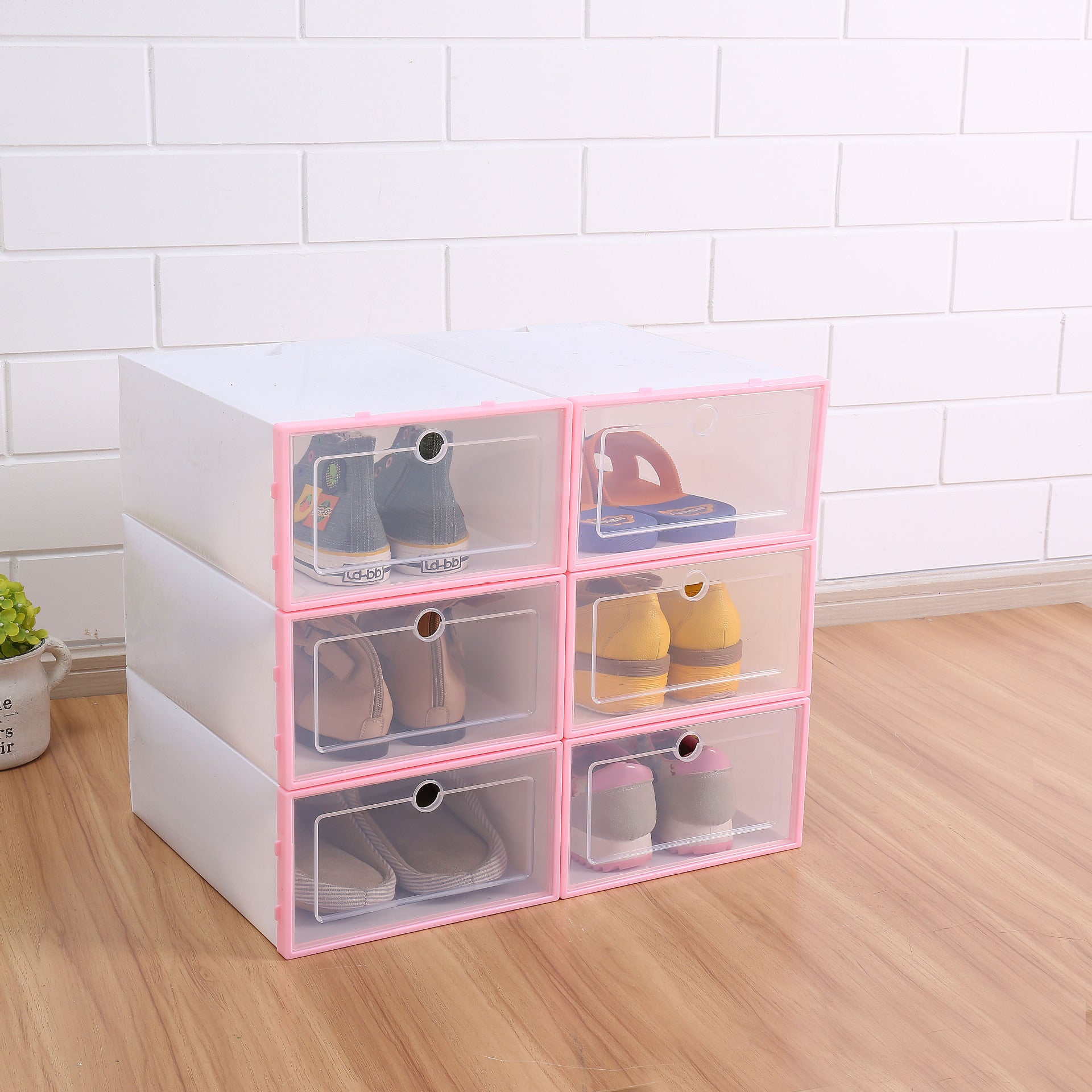 Zestaw 6 różowych pudełek na buty z przezroczystego plastiku w stylu szuflady, 33 x 23 x 13 cm