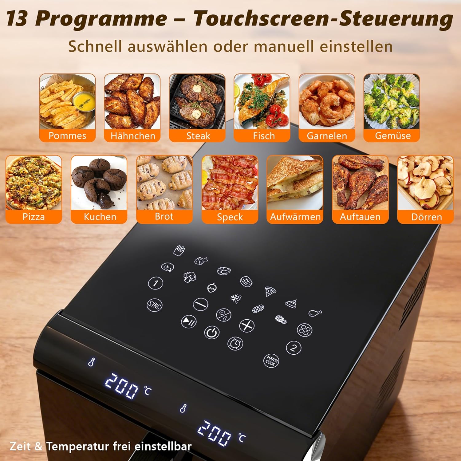 Nettlife friteuse à air 2 compartiments 11 L, 13-en-1, double zone superposée, 2800 W, écran tactile, minuterie, paniers lave-vaisselle - 6