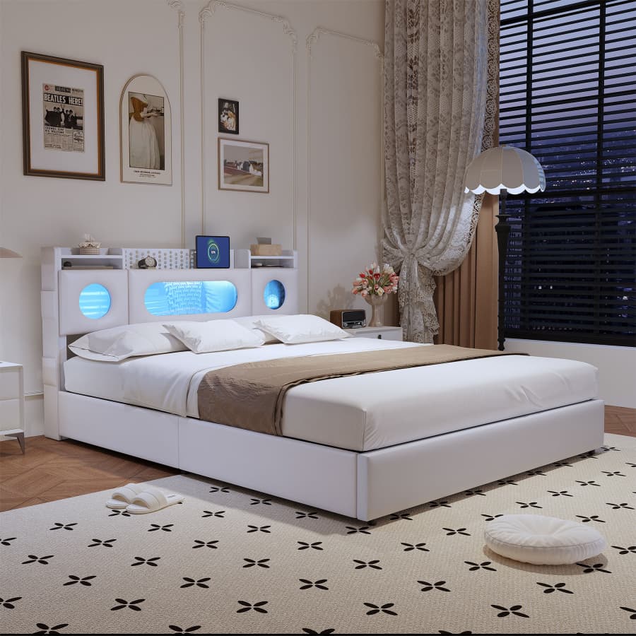 Struttura letto 140*200mm, testiera con luce LED, design silenzioso, facile da montare, PU bianco. - 3