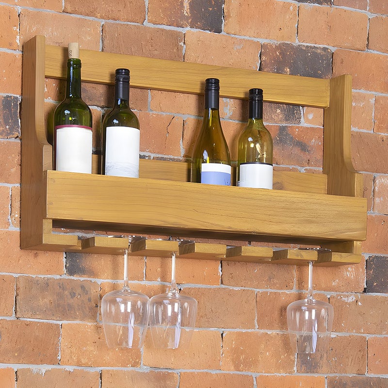 Półka ścienna na wino i kieliszki vintage - Drewno mindi - szer. 70 x gł. 15 x wys. 40 cm - VIDAGO