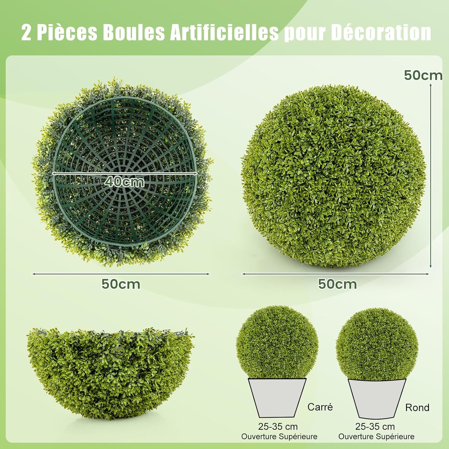 2 Boules de Buis Artificielles 50 cm Résistantes aux UV, Plantes en Boules de Faux Sphères Végétales, Vert - 5